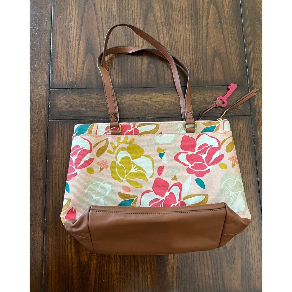 Fossil Mother's Day Large Shopper Tote Shoulder Bag Purse Pink Floral Print - Picture 3 of 11